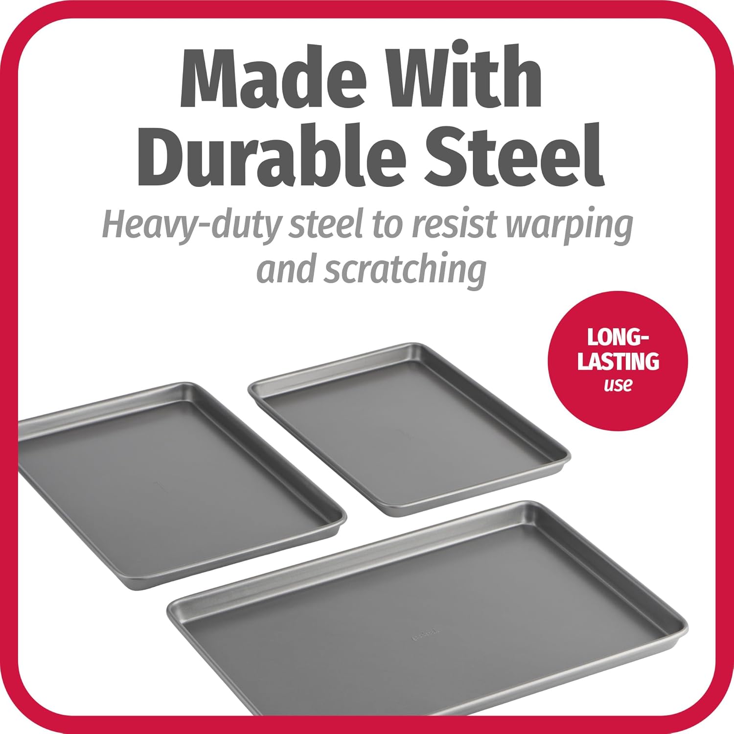 Everyday Nonstick Baking Sheet Set, 3 Pack Includes Small (13×9) Medium (15×1) and Large (17×11) Pans Carbon Steel