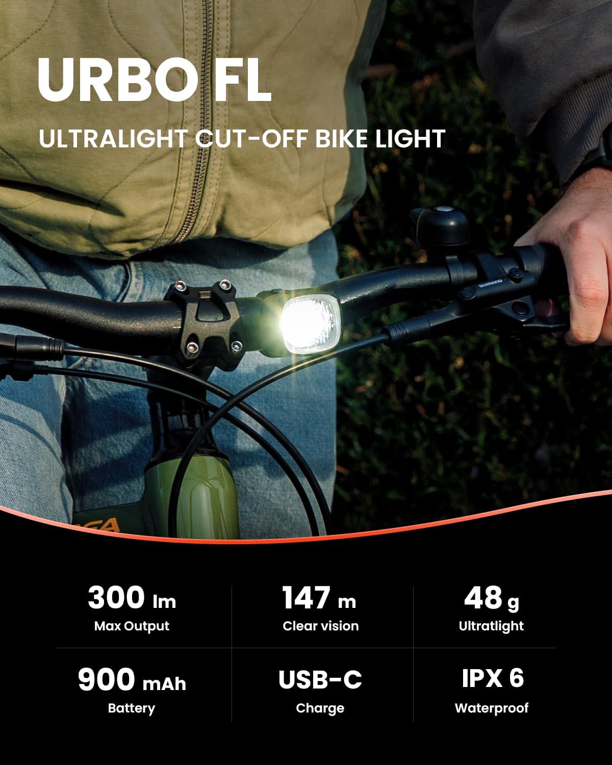 URBO COMBO Bike Lights Front and Back,300LM Headlight &50LM Rear | Cut-Off Bicycle Headlight, Brake Taillight