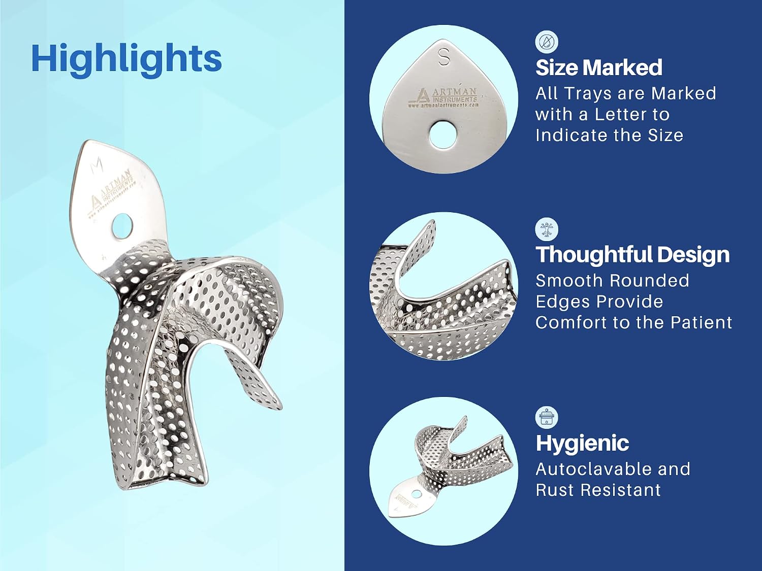 Dental Impression Trays - Set of 10 Perforated Stainless Steel Trays (XS, S, M, L, XL) - Durable, Rounded Margins