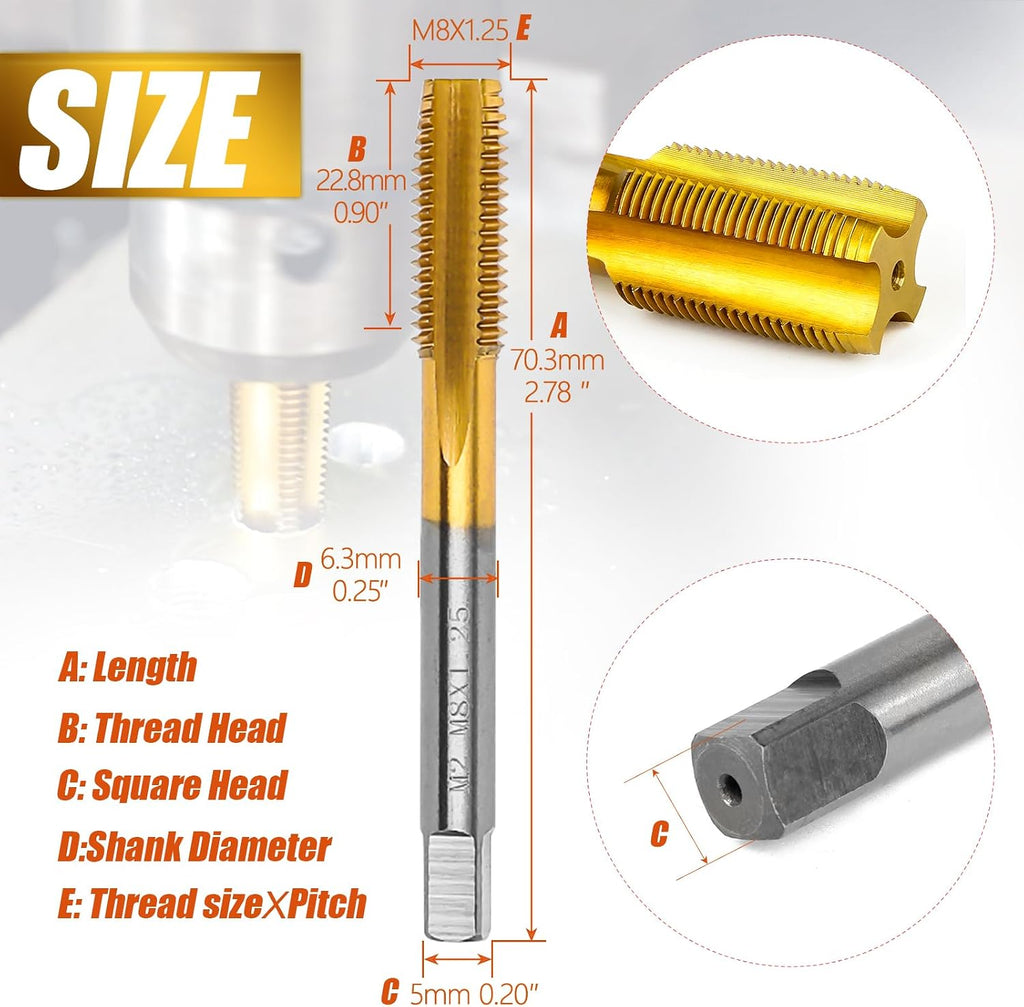 2Pcs M8 X 1.25 Thread Tap for Metal, M8 X 1.25 M2 HSS Thread Milling Tap