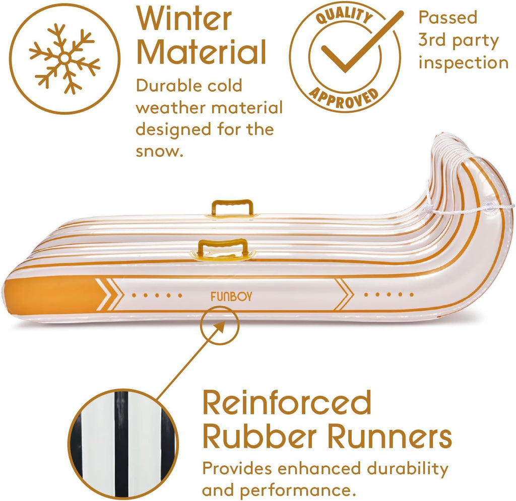 Gold & White Stripe Toboggan Inflatable Snow Sled | Luxury, Retro Holiday Stripe Design, Heavy-Duty, Perfect for Snow