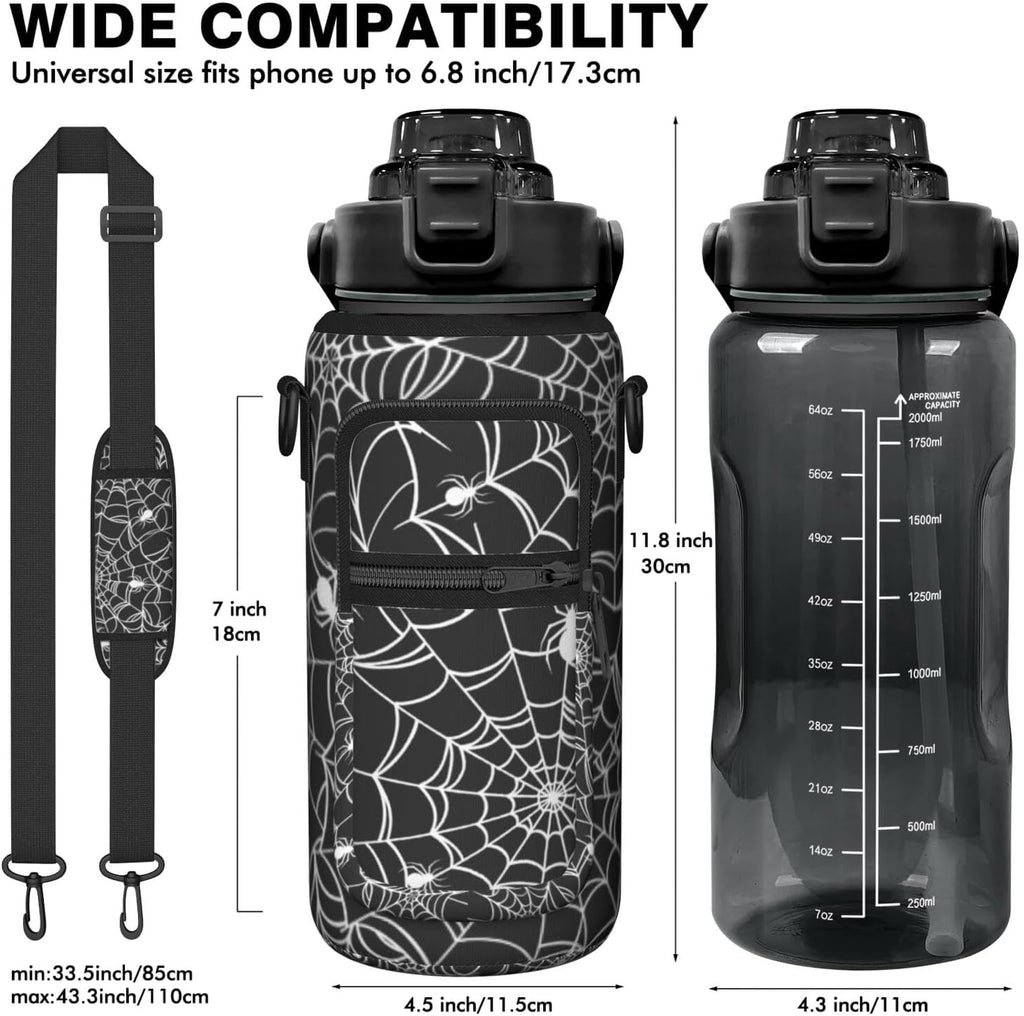 Halloween Spider Web Half Gallon Water Bottle with Sleeve, 64 OZ | Flip Top & Bpa Free Water Jug, Time Marker