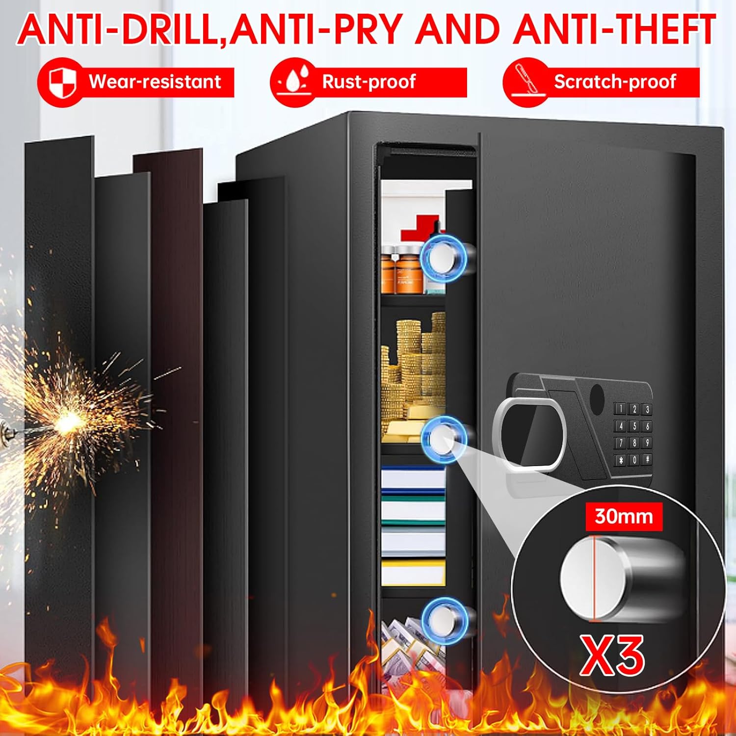 5.1 Cuft Large Home Safe Fireproof Waterproof, Anti-Theft Fireproof Safe Box with Programmable Keypad, Spare Keys and
