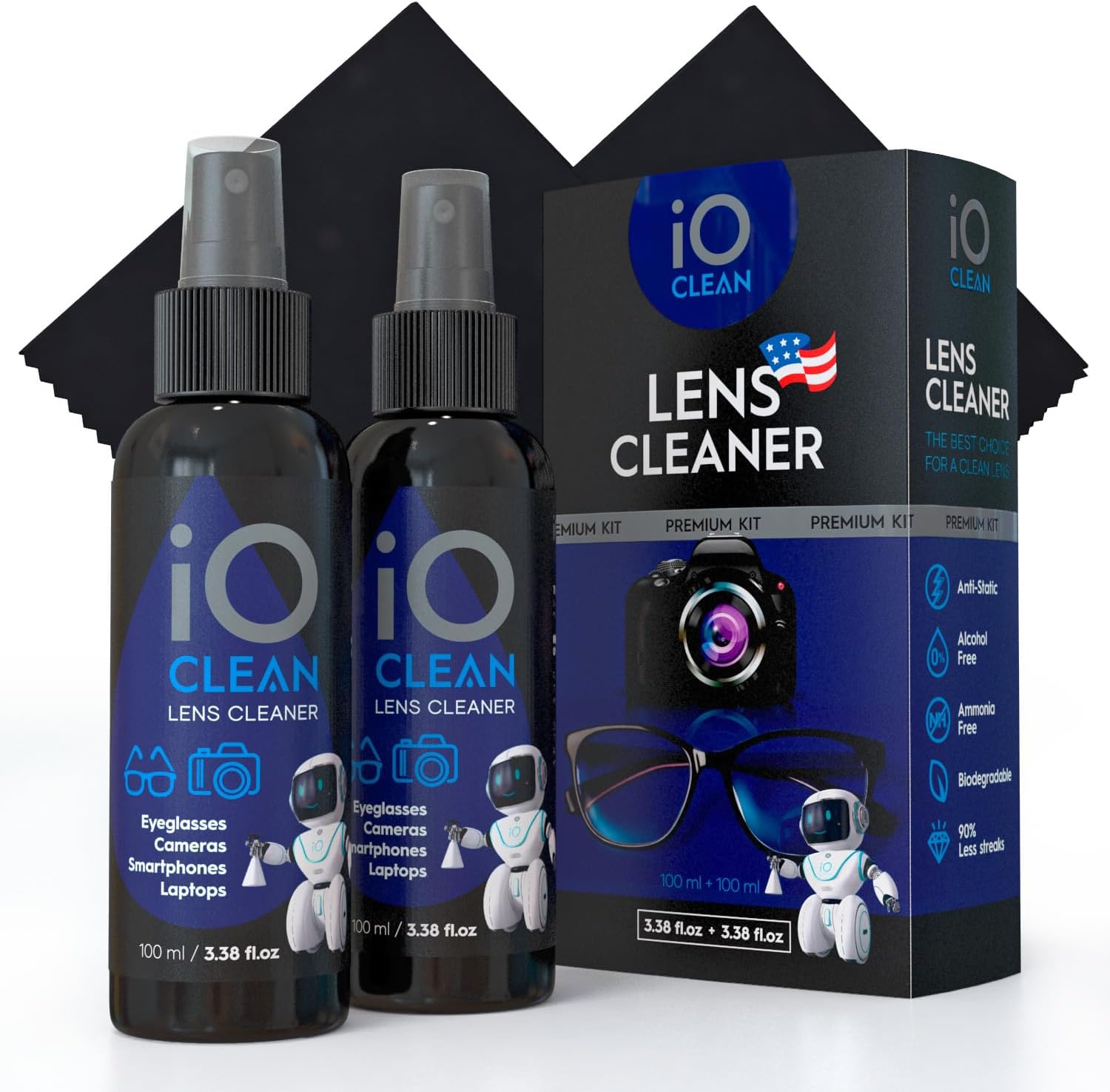 Eyeglass Lens Cleaner (3.38oz+3.38oz+2cloths) – Kit for | Glasses, Screens, Camera, Laptops, Touchscreens, Computer