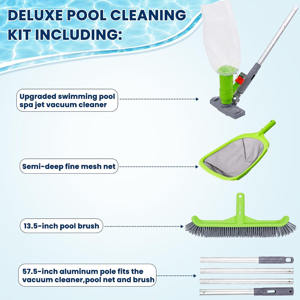 Deluxe Swimming Pool Cleaning Kit with Spa Jet Vacuum Cleaner,Brush, Semi-deep Skimmer Net & Adjustable 57.5-inch