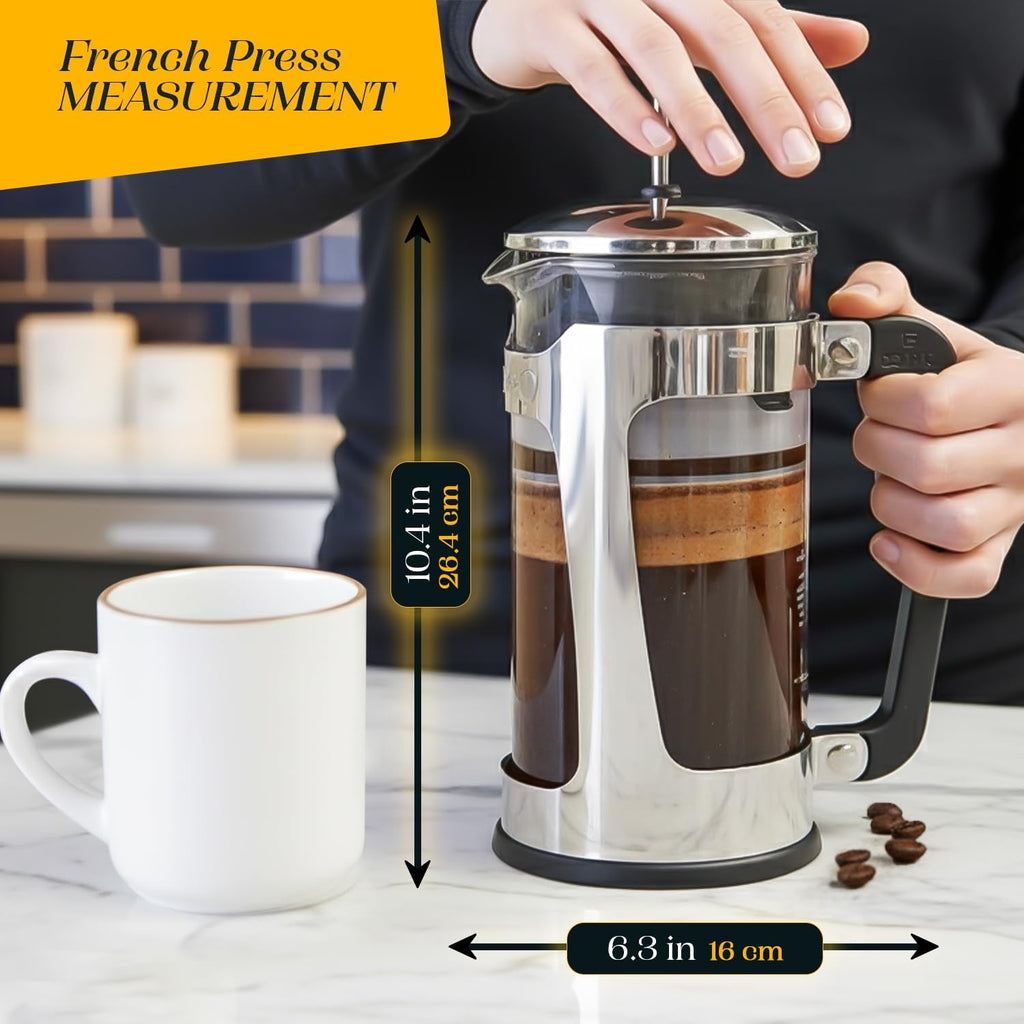 P5 French Press Coffee Maker, 32oz, Polished, Stainless Steel Press | Double Filter Coffee Press, Thicker
