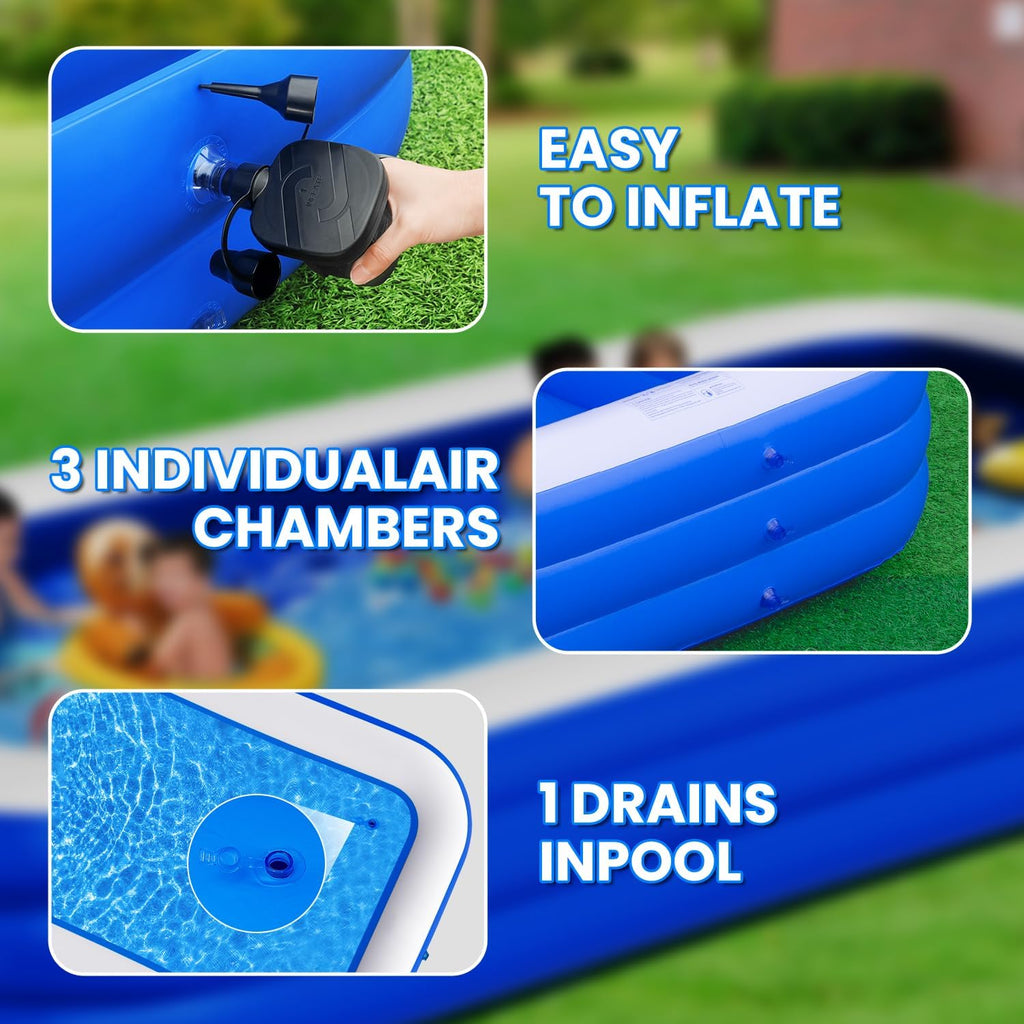 Extra Large Inflatable Pool for Adults, 145" x 74" x 22" Oversized Blow Up Family Swimming Pool, Durable Thickened