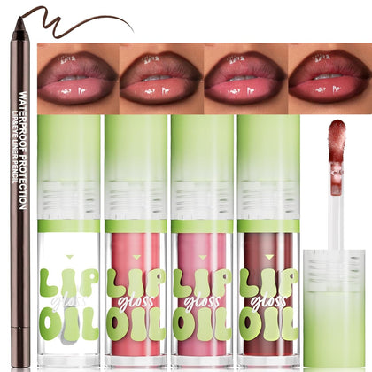 4 Colors Hydrating Lip Oil with Brown Lip Liner Set, Moisturizing Lip Combo High Pigmented Lightweight Glossy Liquid