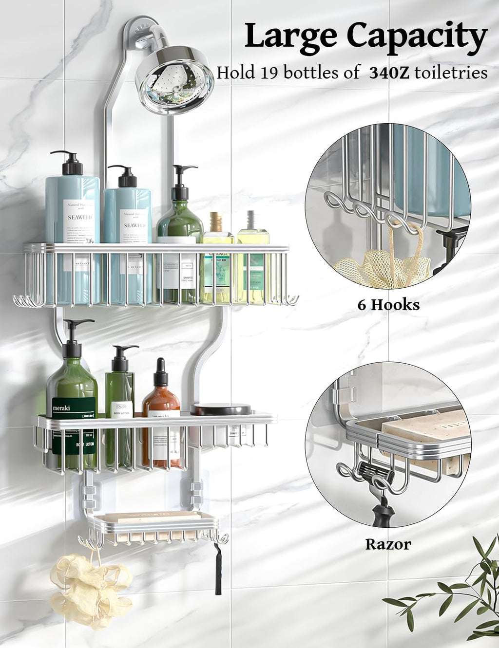 Never Rust Shower Caddy Hanging, Aluminum Shower Racks for Inside Shower, 3-Tier Shower Organizer Hanging Over Shower