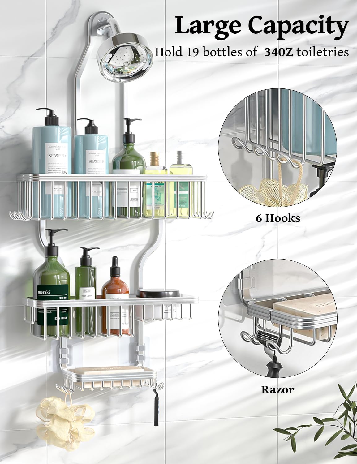Never Rust Shower Caddy Hanging, Aluminum Shower Racks for Inside Shower, 3-Tier Shower Organizer Hanging Over Shower