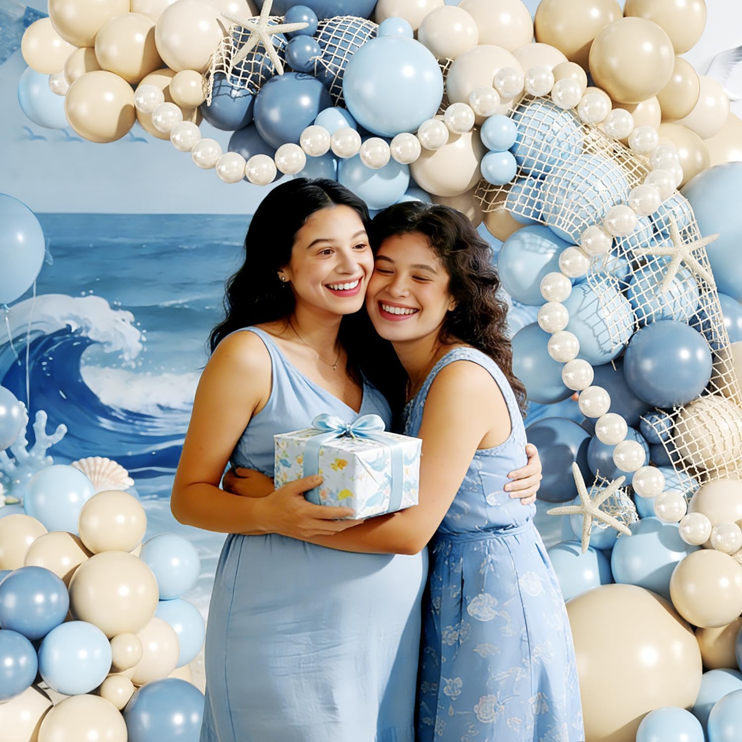 Blue Beach Balloon Arch Kit, 140Pcs Blue and White Balloon Arch Kit Including Dusty Light Blue Pearl White Sand White