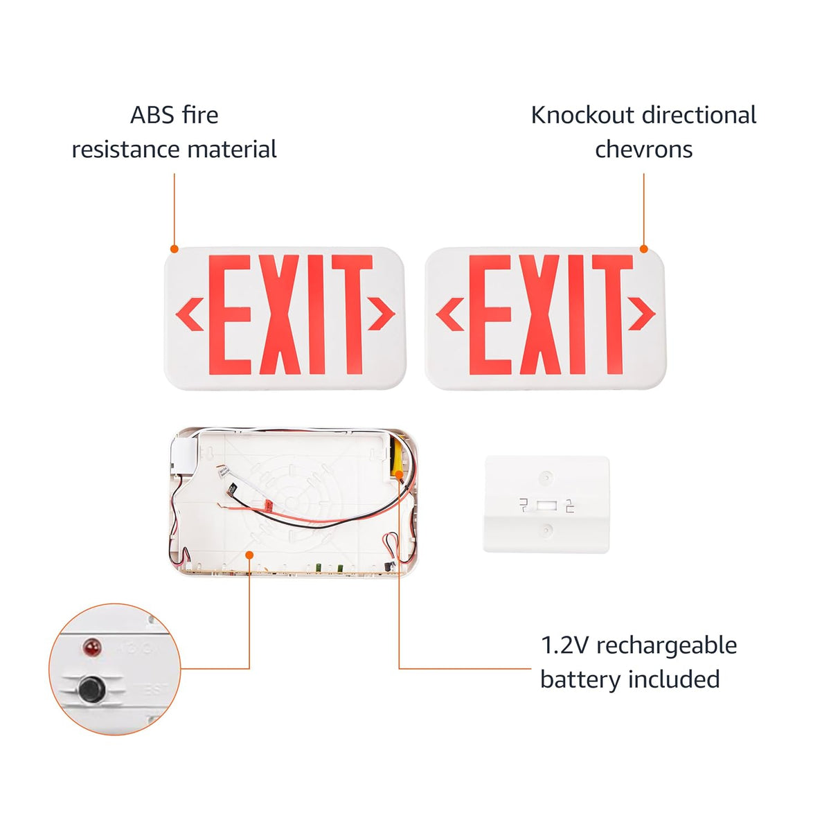 LED Emergency Exit Sign, Double Face, Fire Resistant, UL Certified, Hardwired with Battery Backup, White, 2-Pack