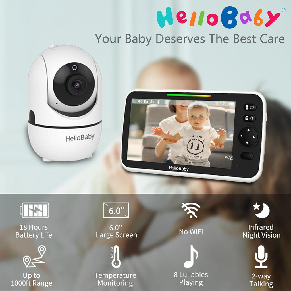 6'' World First IPS 30H Battery Split-Screen Video Baby Monitor with Camera and Audio, No WiFi, Pan-Tilt-Zoom, VOX