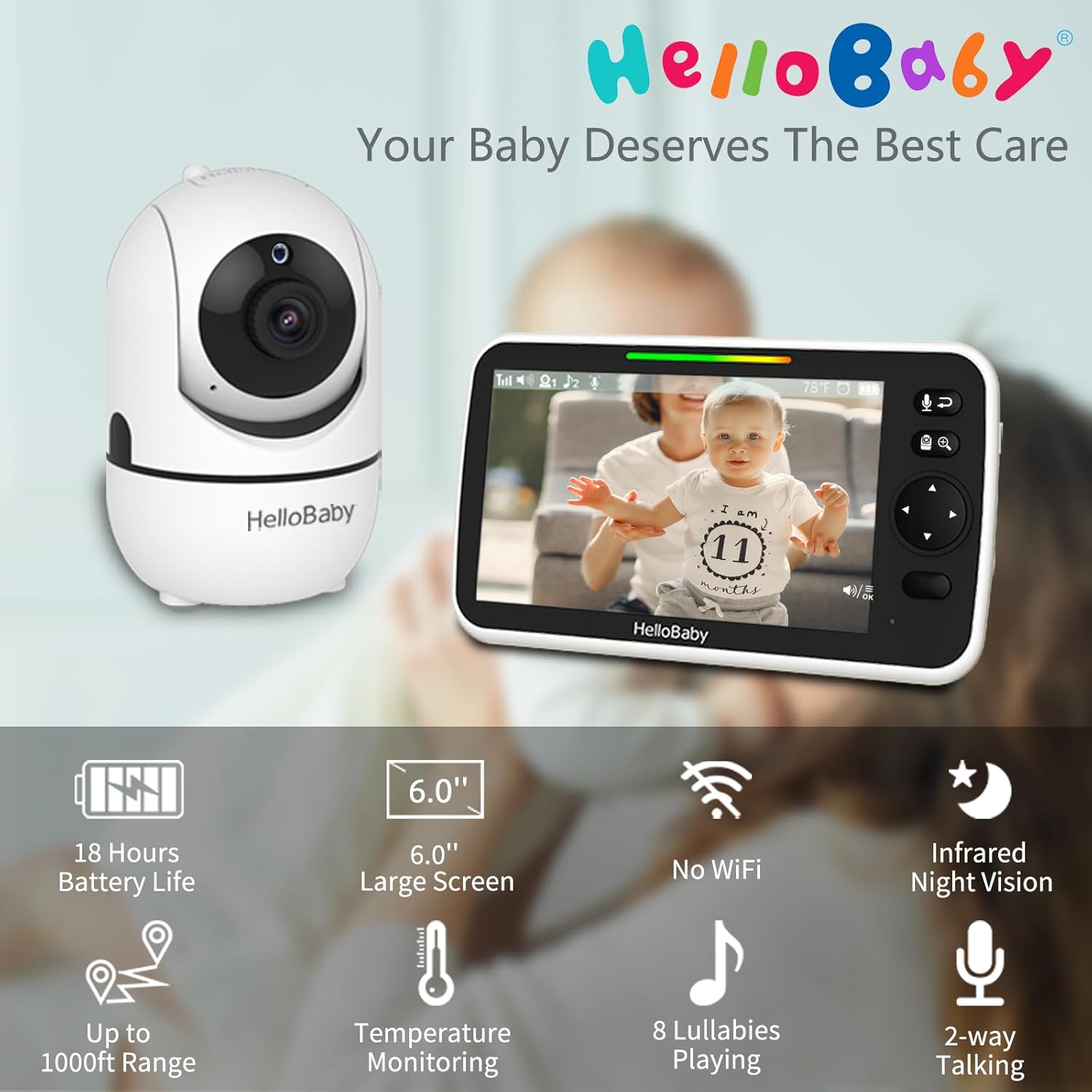 6'' World First IPS 30H Battery Split-Screen Video Baby Monitor with Camera and Audio, No WiFi, Pan-Tilt-Zoom, VOX