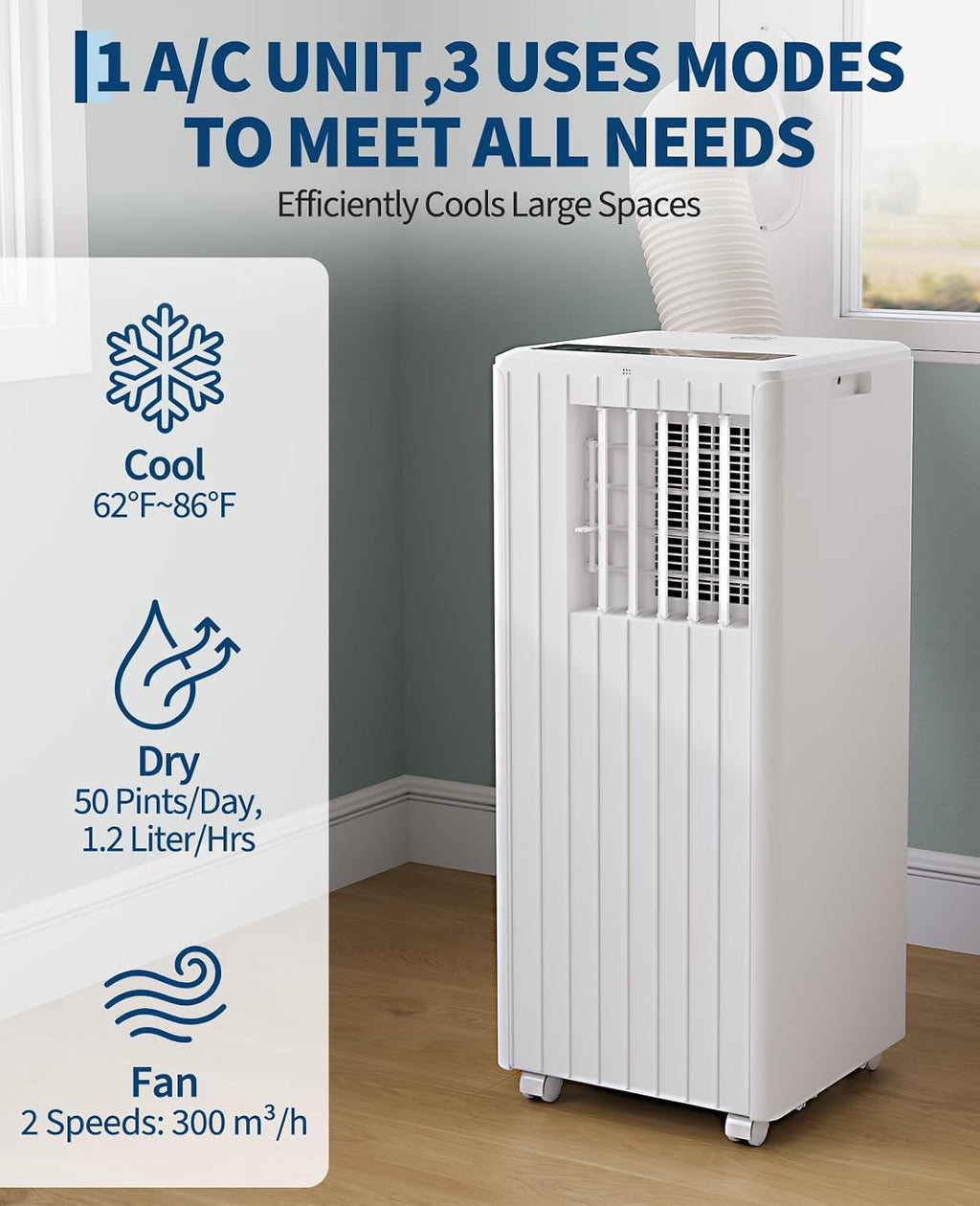 8000 BTU Portable Air Conditioner, 3-in-1 Cooling, Dehumidifying & Fan for Rooms Up to 350 Sq. Ft | Quiet Sleep Mode