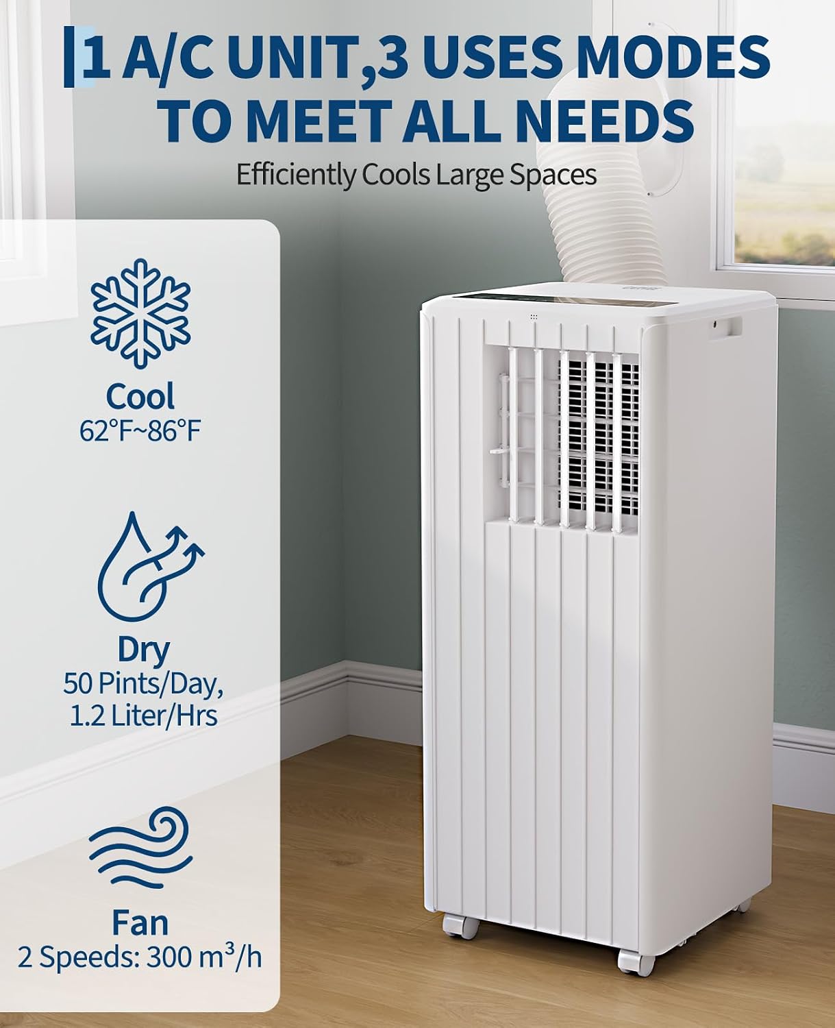 8000 BTU Portable Air Conditioner, 3-in-1 Cooling, Dehumidifying & Fan for Rooms Up to 350 Sq. Ft | Quiet Sleep Mode