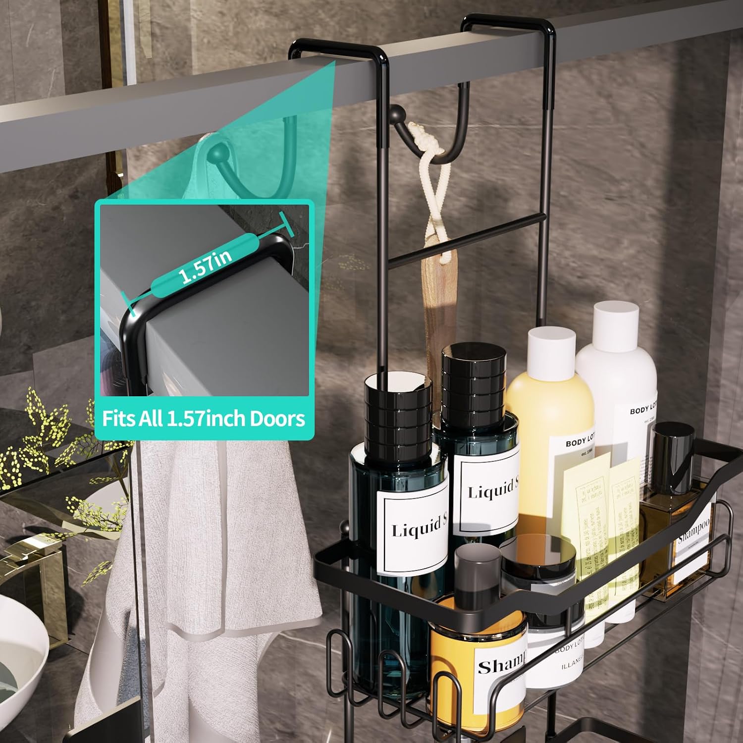 Hanging Shower Caddy Over the Door with Soap Holder, No Drilling Adhesive Shower Organizer with 11 Hooks, Rustproof &