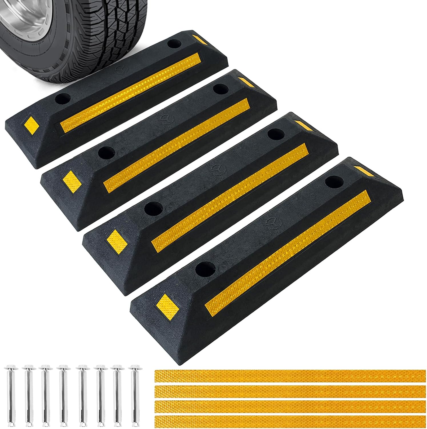 4 Pack Heavy Duty Rubber Parking Block Parking Curb | Wheel Stop Stoppers for Garage Parking with Yellow Reflective