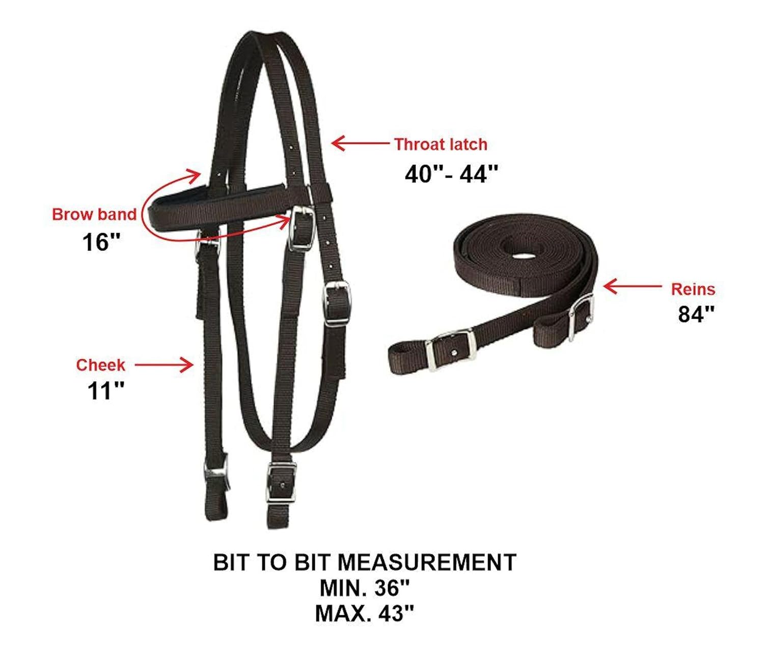 Horse Headstall with Reins, Nylon Padded Browband, Multiple Colors (Black, Full)