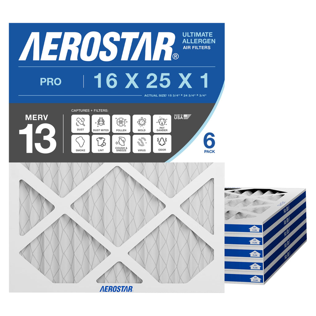 Air Filter 16x25x1 MERV 13 AC Filter, HVAC, Furnace Filter, 6 Pack