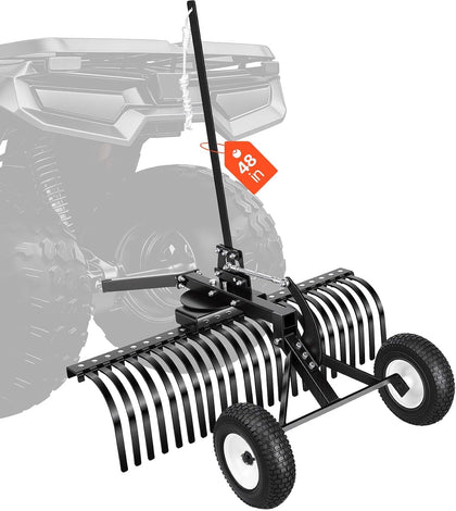 48in Tow Behind Landscape Rake, Pull Behind Lawn Rock Rakes for ATV Mower Tractors, 24 Durable Steel Tines