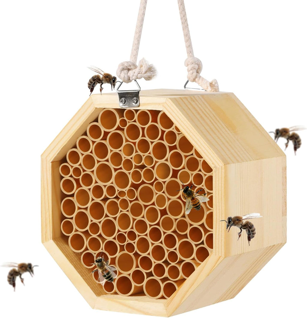 Mason Bee House - Handcrafted Natural Wooden Bee Hotel with Waterproof Wax Coating - Attracts Peaceful Pollinators