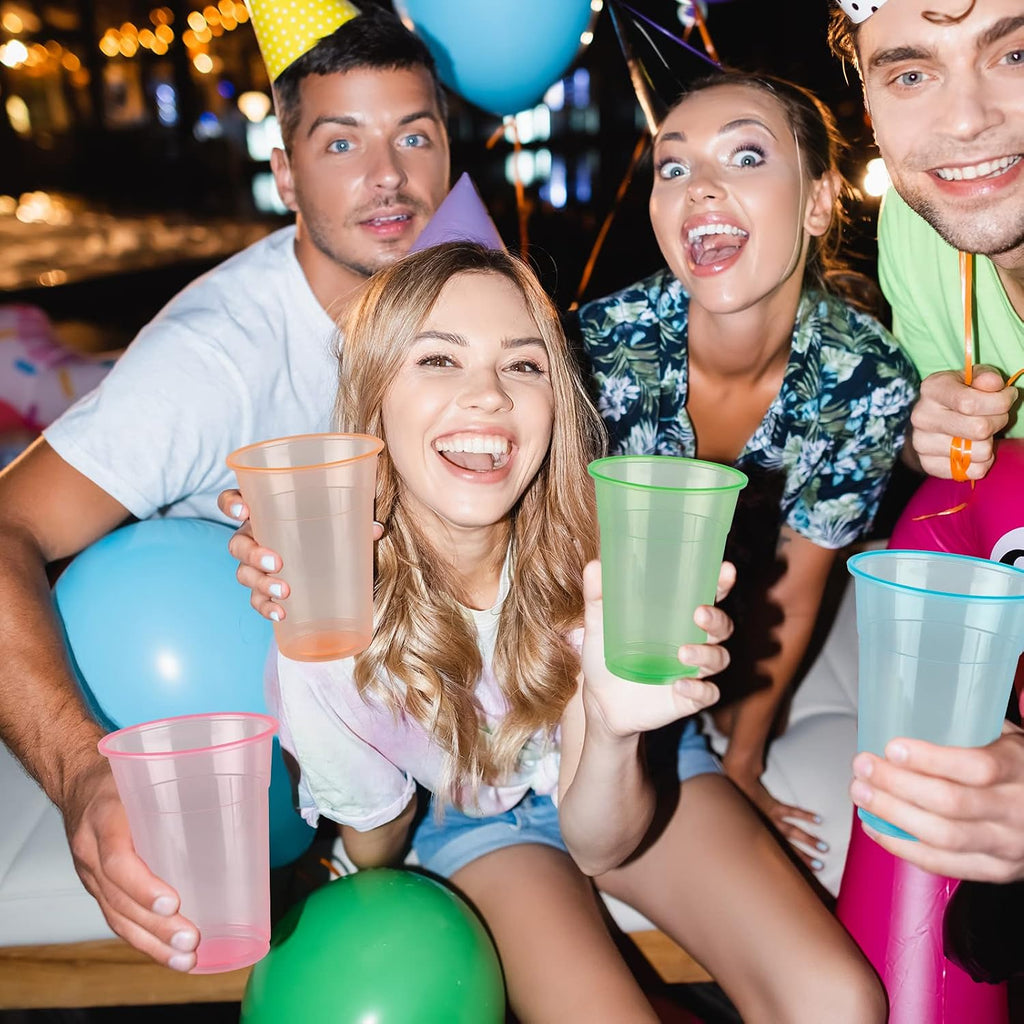 100 Pack 16 oz Plastic Cups, Assorted Neon Glow Party Cups