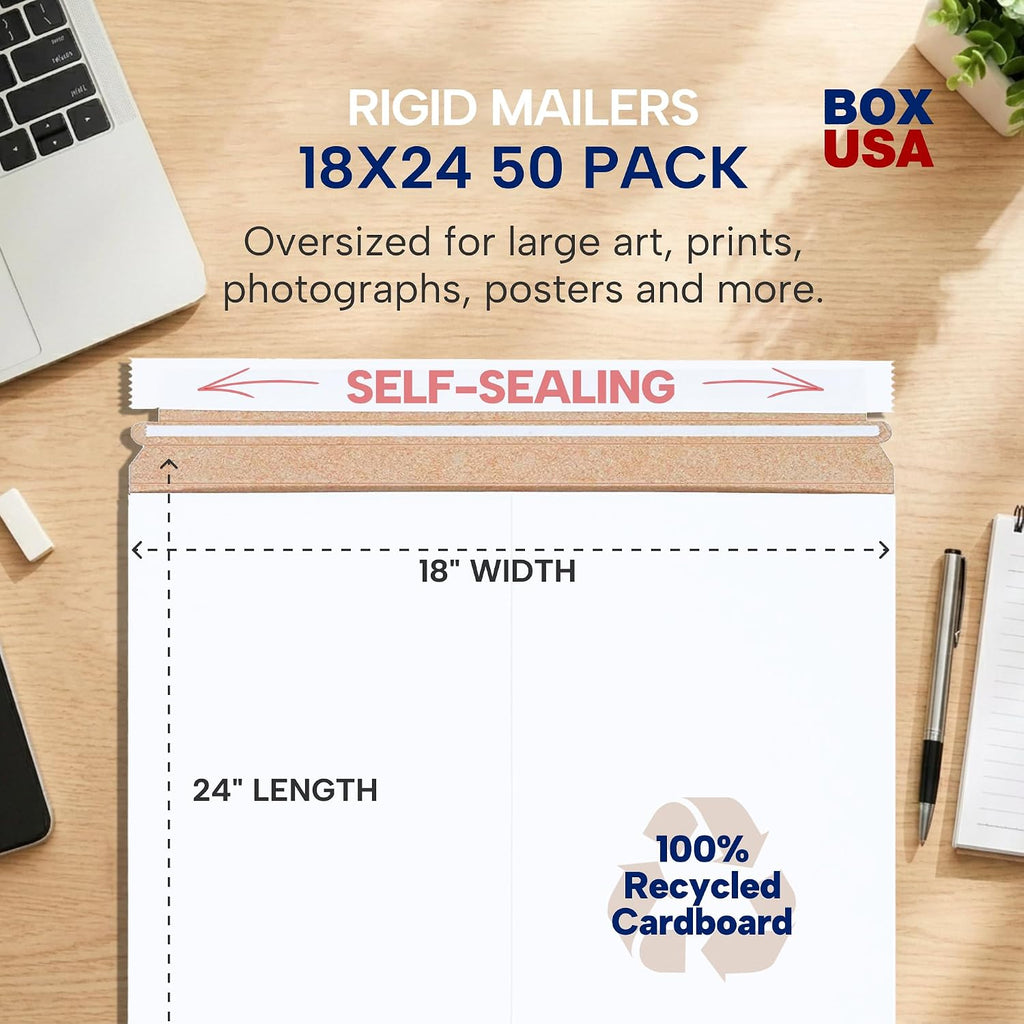 Rigid Mailers 18" x 24" (50-Pack) - Cardboard Mailer Envelopes for Large Posters, Artwork, Presentation Prints - Stay