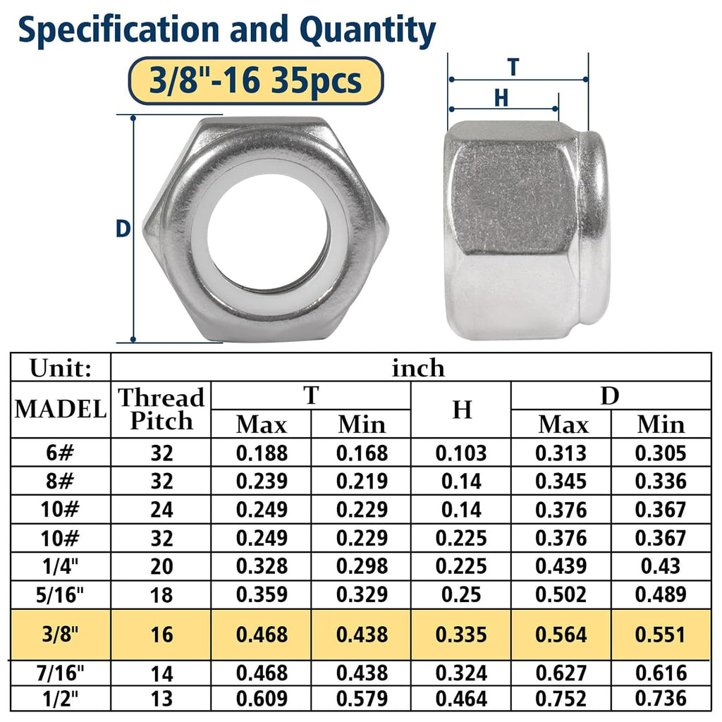 3/8-16 Lock Nut, 35Pcs Stainless Steel Nylock Insert Locking Nuts