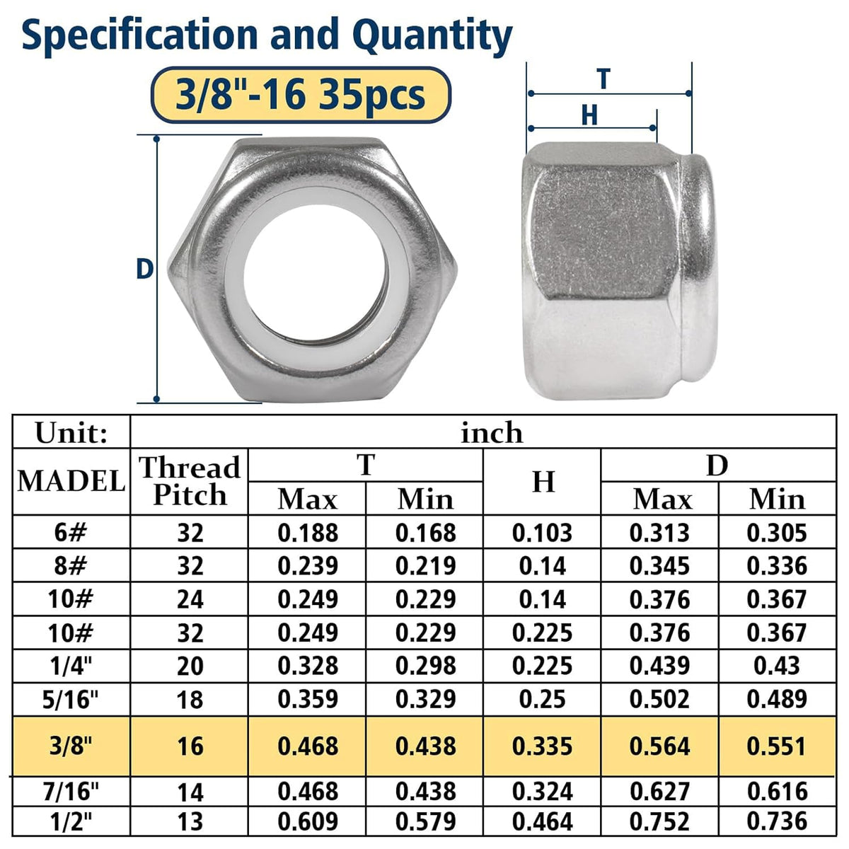 3/8-16 Lock Nut, 35Pcs Stainless Steel Nylock Insert Locking Nuts