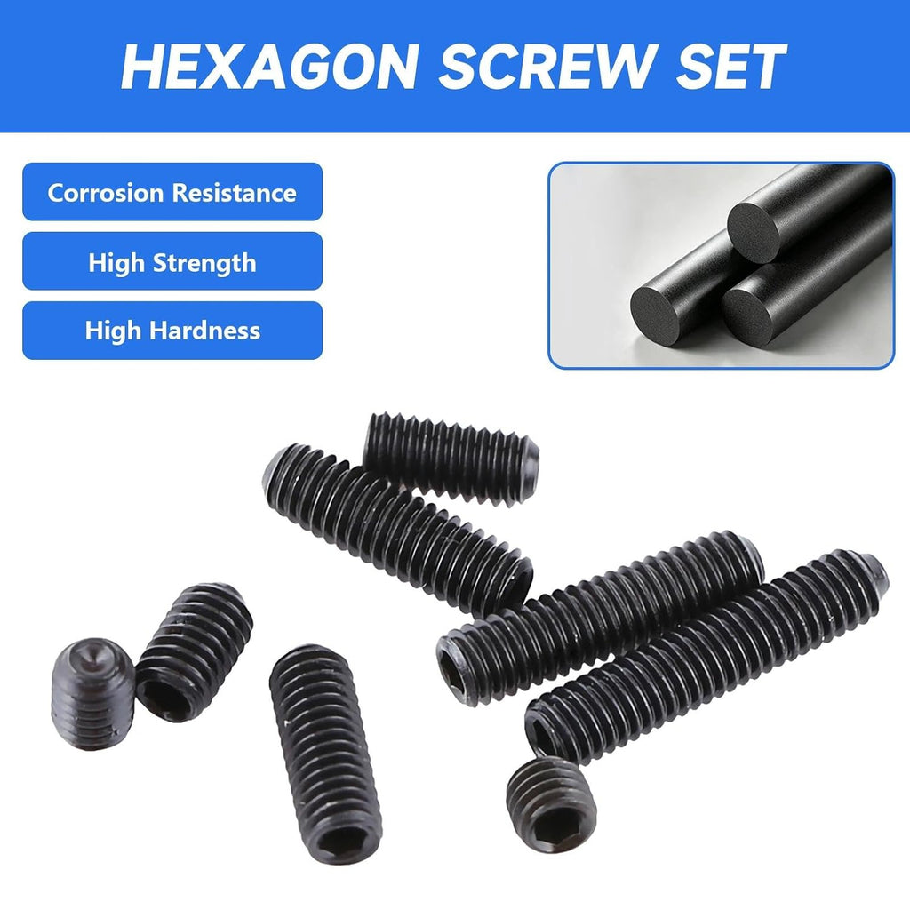 200Pcs M3 Set Screw, Carbon Steel Socket Cup Screw Kit, 8 Common Sizes Headless Hex Socket Screws Set for Fastening and Connecting Objects, Black Flat End
