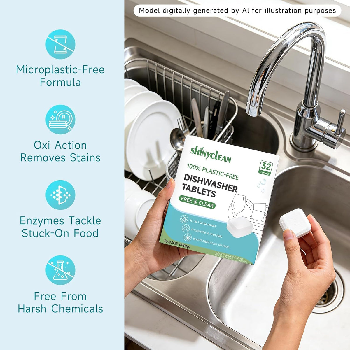 100% Plastic-Free Dishwasher Tablets, Free & Clear, 32 Count