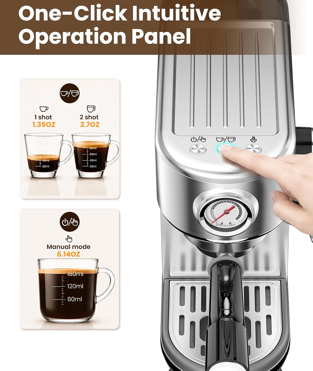 Espresso Machine with Milk Frother, 20 Bar Pressure Espresso Maker | with 44OZ Removable Tank, Compact Stainless