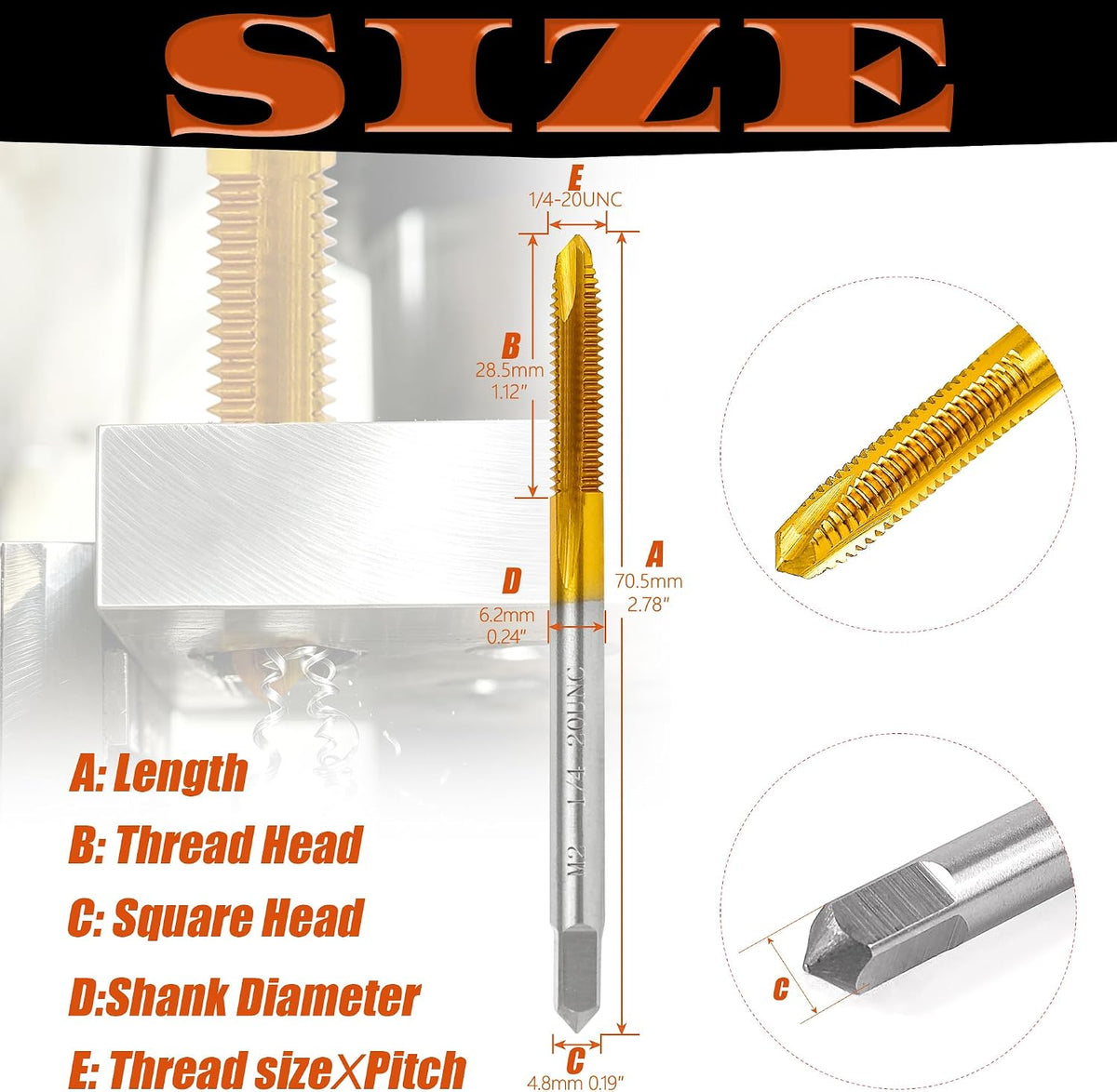 2Pcs 1/4"-20 UNC Spiral Point Thread Tap for Stainless Steel and Metal