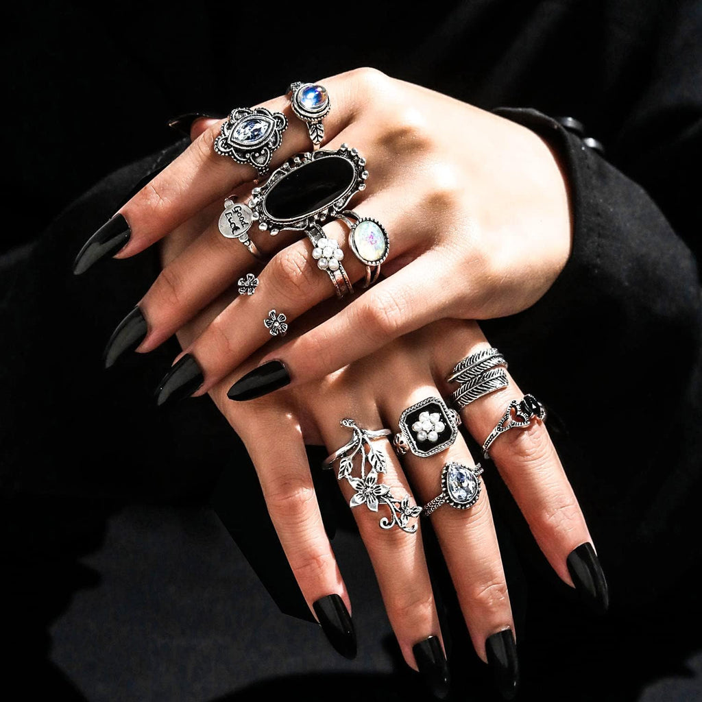 Vintage Silver Knuckle Rings Set for Women Men, Chunky Rings Aesthetic Snake Grunge Stackable Gothic Ring Adjustable