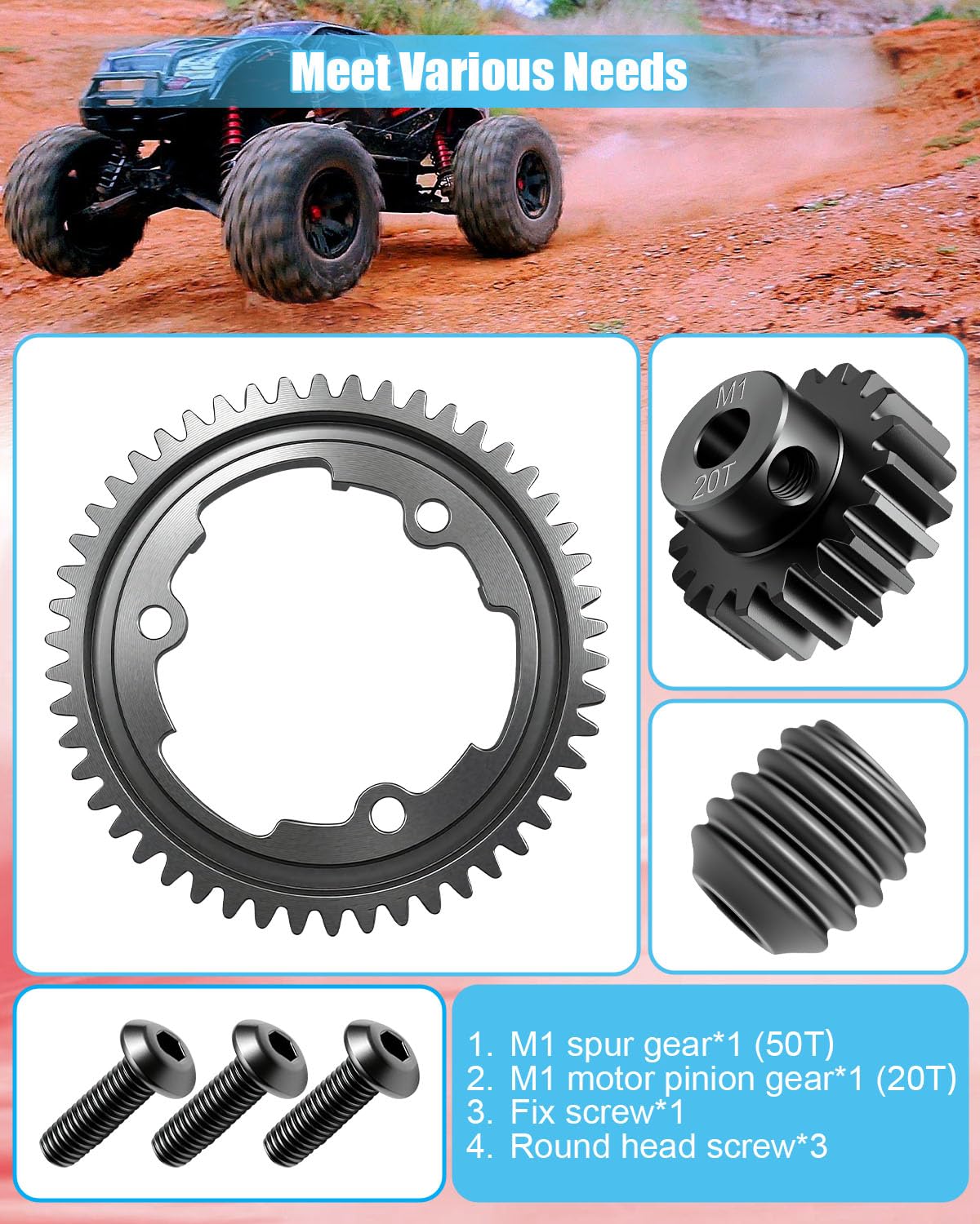50T M1.0 Hardened Steel Spur Gear 20T Pinion Gear Set Fit for 1/10 Maxx