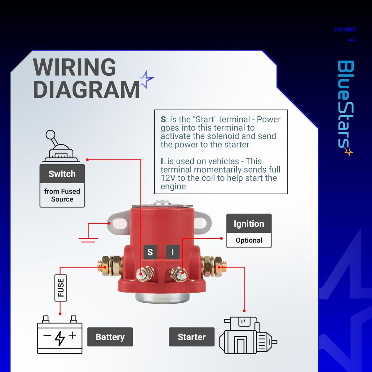 BlueStars 12V SW3 Starter Solenoid Relay Heavy Duty SS581T ALL76203 - Compatible with Ford 2000 3000 4000 1956-up Bronco/Mercury Evinrude Johnson Outboard/Tractor - Replaces B6AZ-11450-A C6AF F496