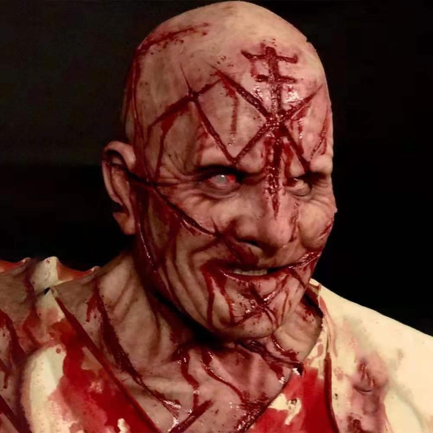Halloween Scary Demon Latex Mask with Bloody Scars, Realistic Bald Head Horror Costume for Adults, Cosplay Parties
