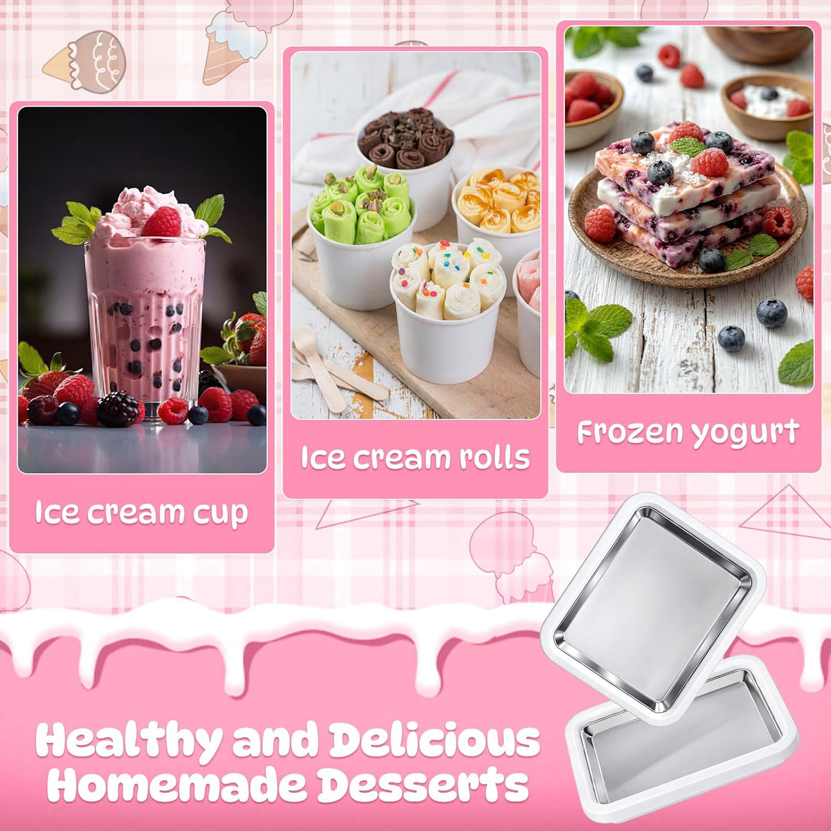 2 Sets Rolled Ice Cream Maker, Ice Cream Plate with 2 Scrapers