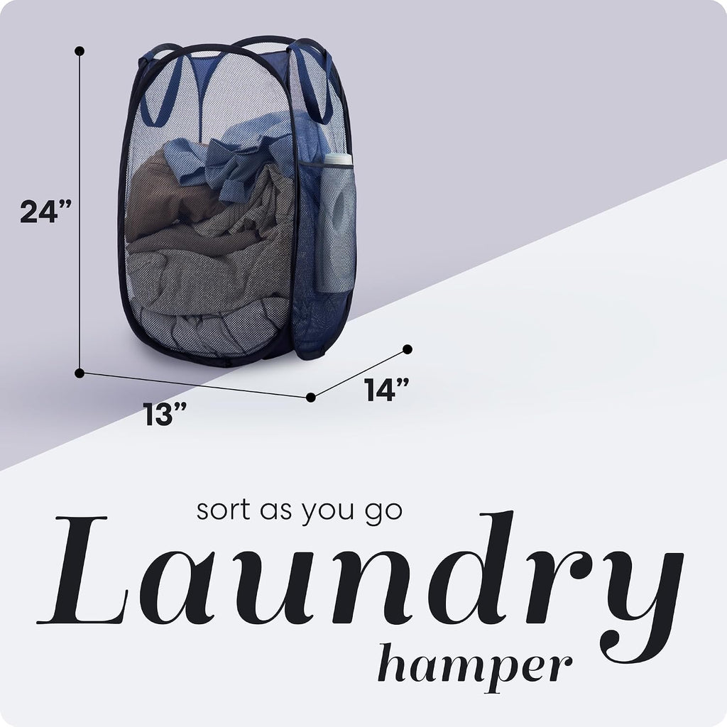 Collapsible Mesh Foldable Hamper 14" x 14' x 24" Navy Blue | Collapsible Mesh Pop Up Hamper, Wide Opening, Side