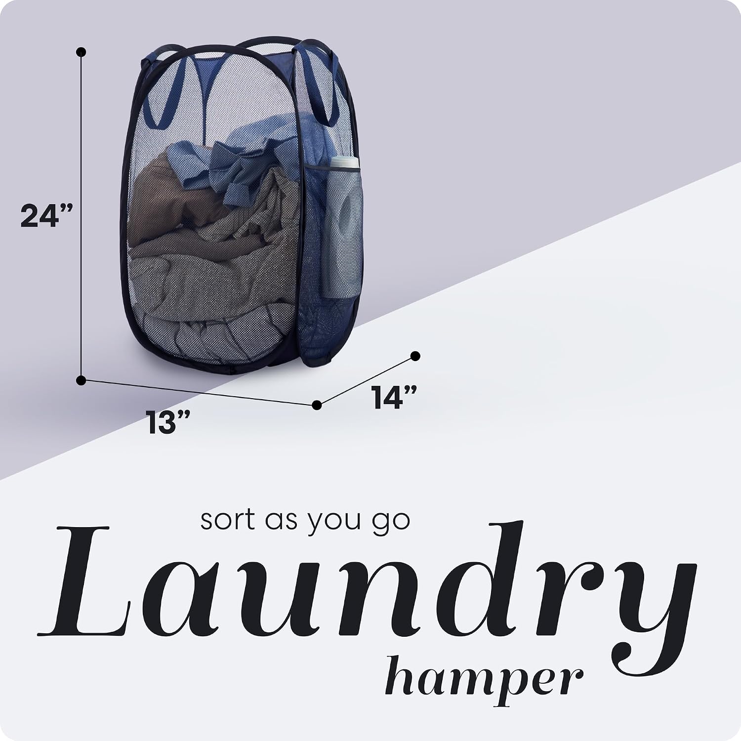 Collapsible Mesh Foldable Hamper 14" x 14' x 24" Navy Blue | Collapsible Mesh Pop Up Hamper, Wide Opening, Side