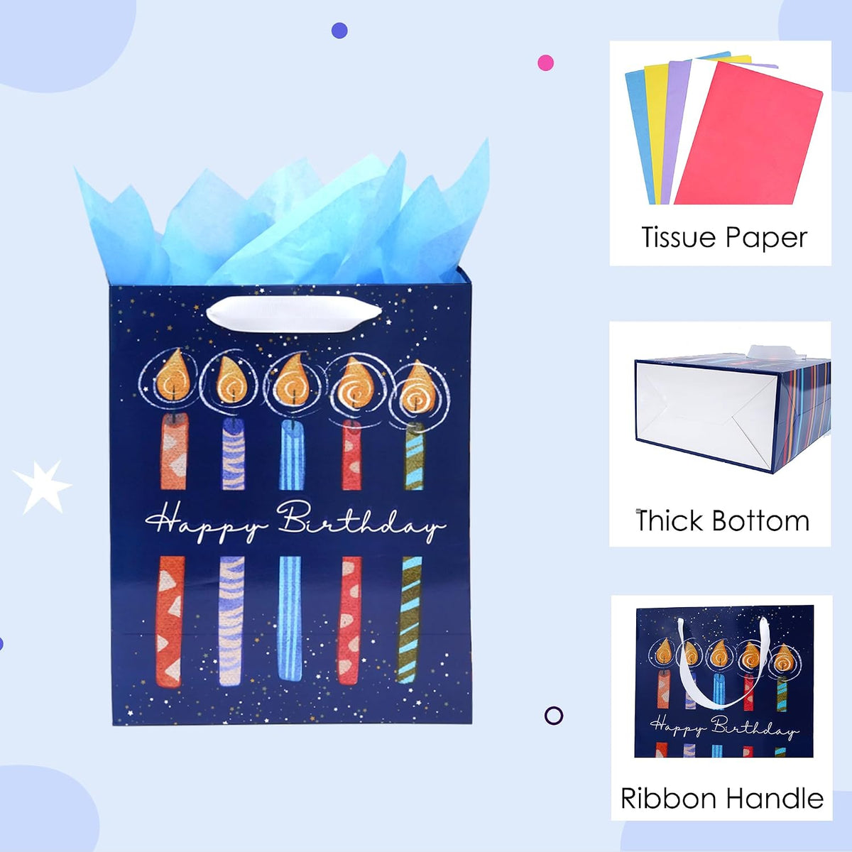 8 Pack Birthday Gift Bags Assorted Sizes with Tissue Paper