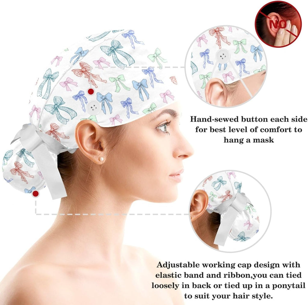 Scrub Caps Women Ponytail, Cute Print Surgical Cap with Bouffant Scrunchie
