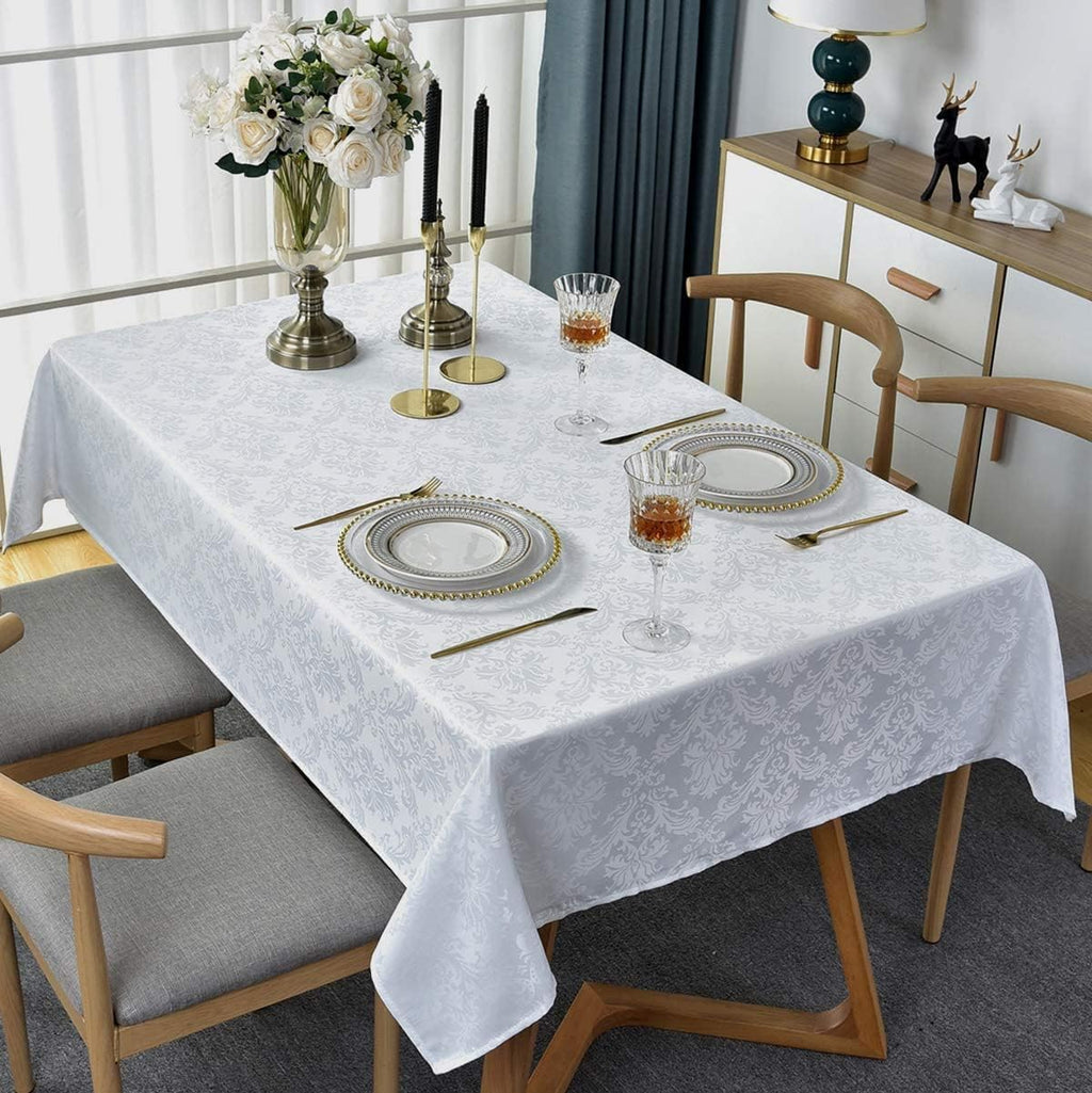 White Jacquard Damask Rectangle Tablecloth, 60 x 120 Inch