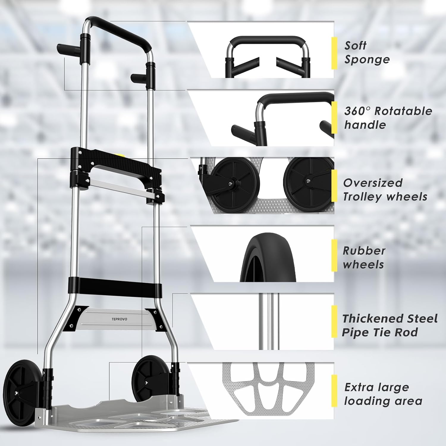 Folding Hand Truck Dolly Cart,340LB Capacity Portable Aluminum Dolly Cart with Telescoping Handle and 7 Inch Rubber