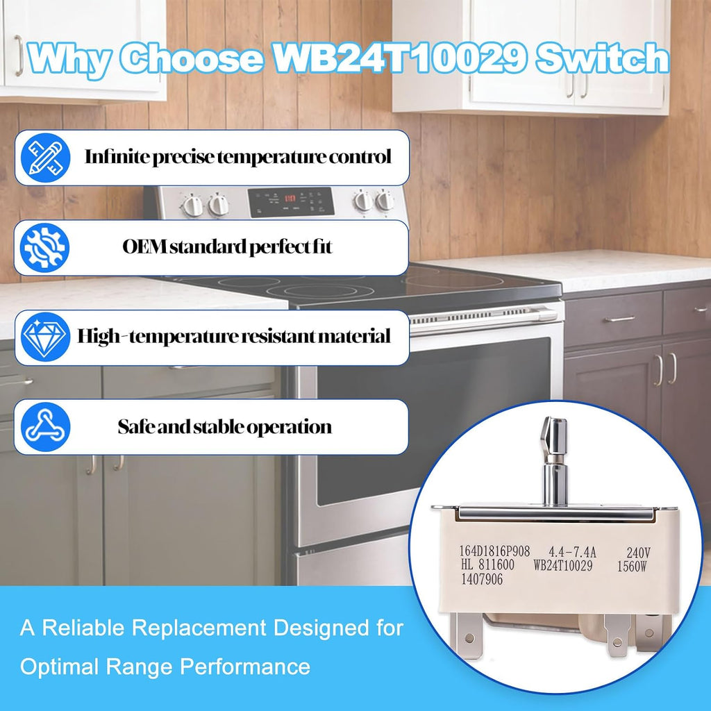 WB24T10029 6 Inch Surface Burner Infinite Switch, Exact OEM Replacement for GE Hotpoint Electric Range Stove, Replaces Part Numbers 769696, AP2024076, AH236754, EA236754, PS236754