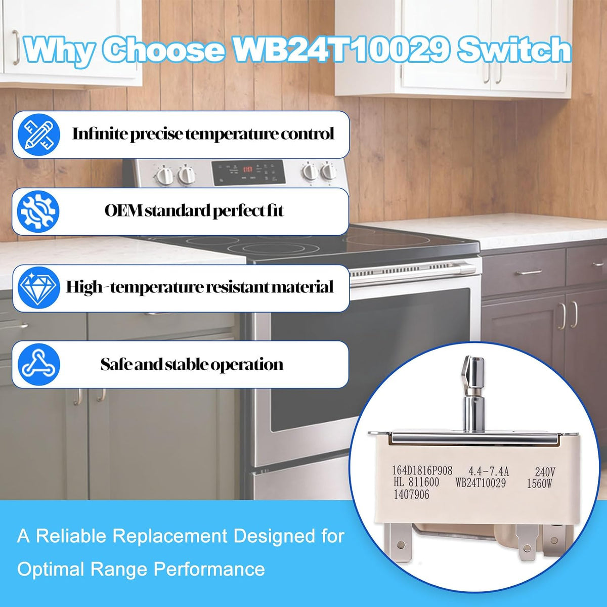 WB24T10029 6 Inch Surface Burner Infinite Switch, Exact OEM Replacement for GE Hotpoint Electric Range Stove, Replaces Part Numbers 769696, AP2024076, AH236754, EA236754, PS236754
