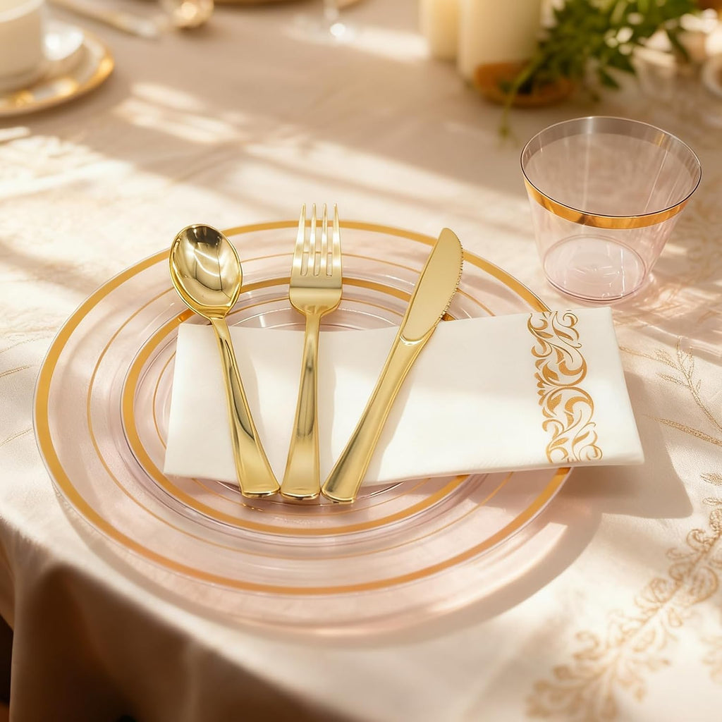 Gold Pink Plastic Plates Set, 175PCS Disposable Tableware for 25