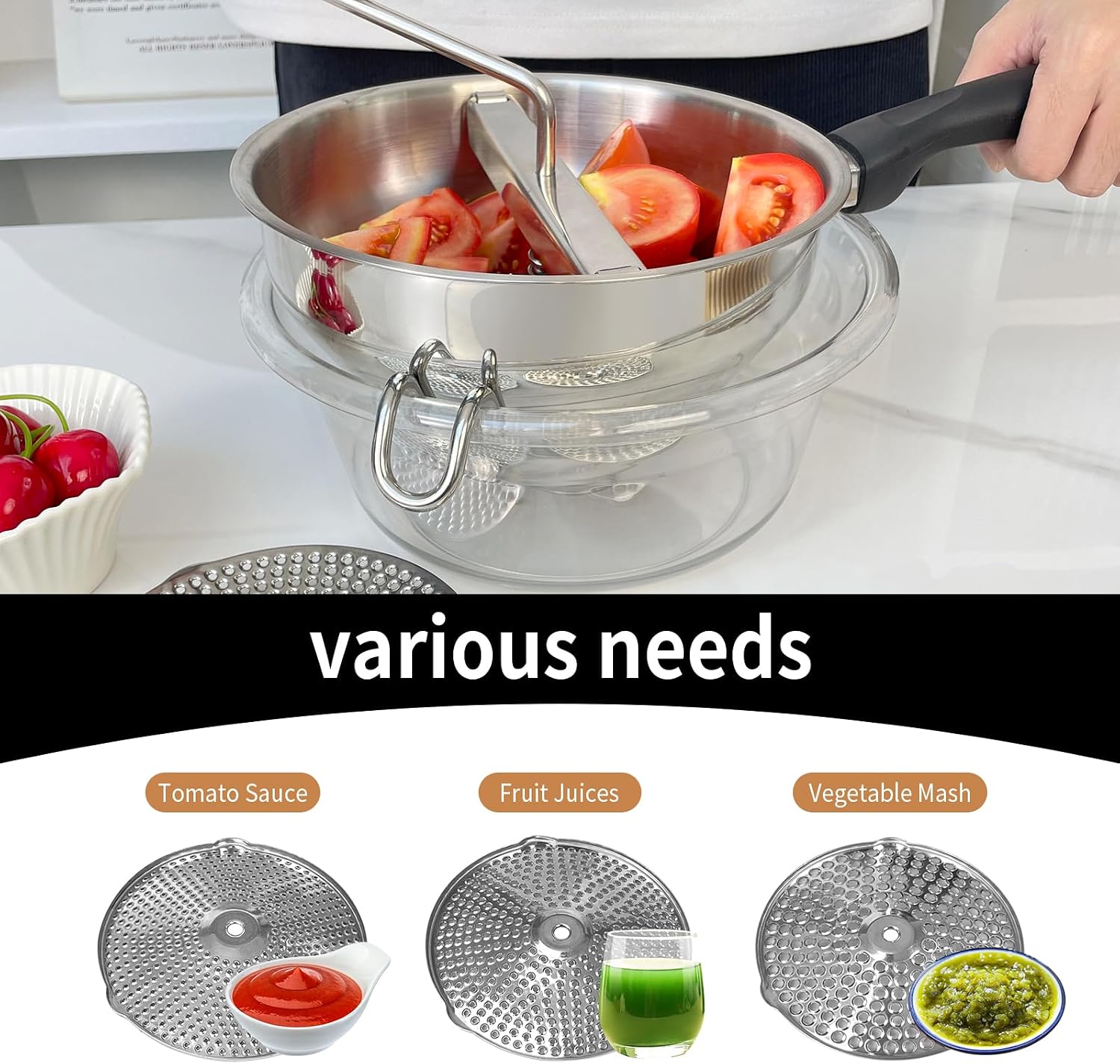 Stainless Steel Food Mills For Tomato Sauce and Jam With 3 Milling Discs