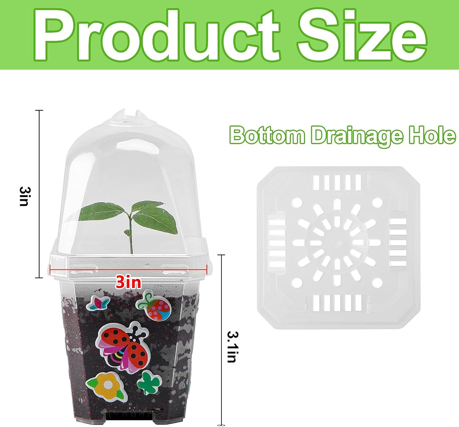 10 Pack 3 Inch Clear Plant Nursery Pots with Humidity Domes | Reusable Plastic Gardening Pot with Printed Labels